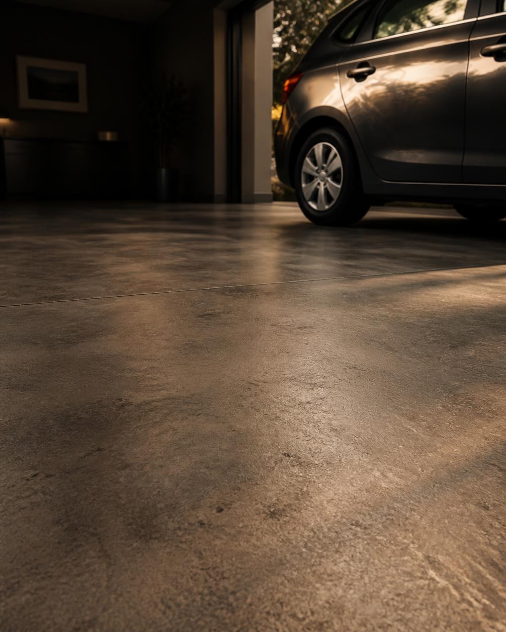 Warm light reflecting across a finished concrete garage floor
